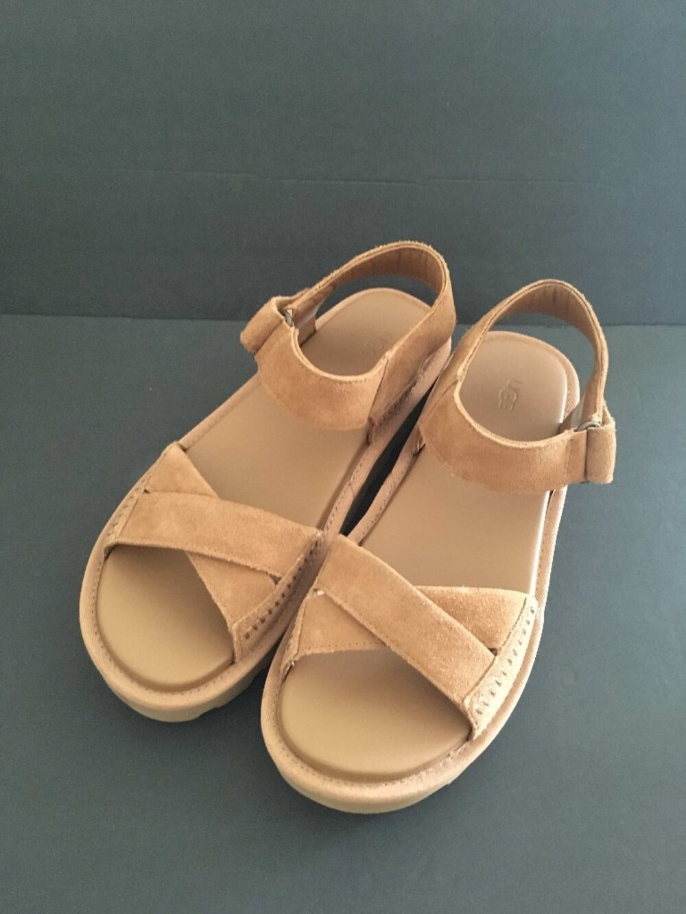 NWT UGG Sungaze Platform Sandal. Leather. Color Chestnut. Sz 9. Made in Cambodia